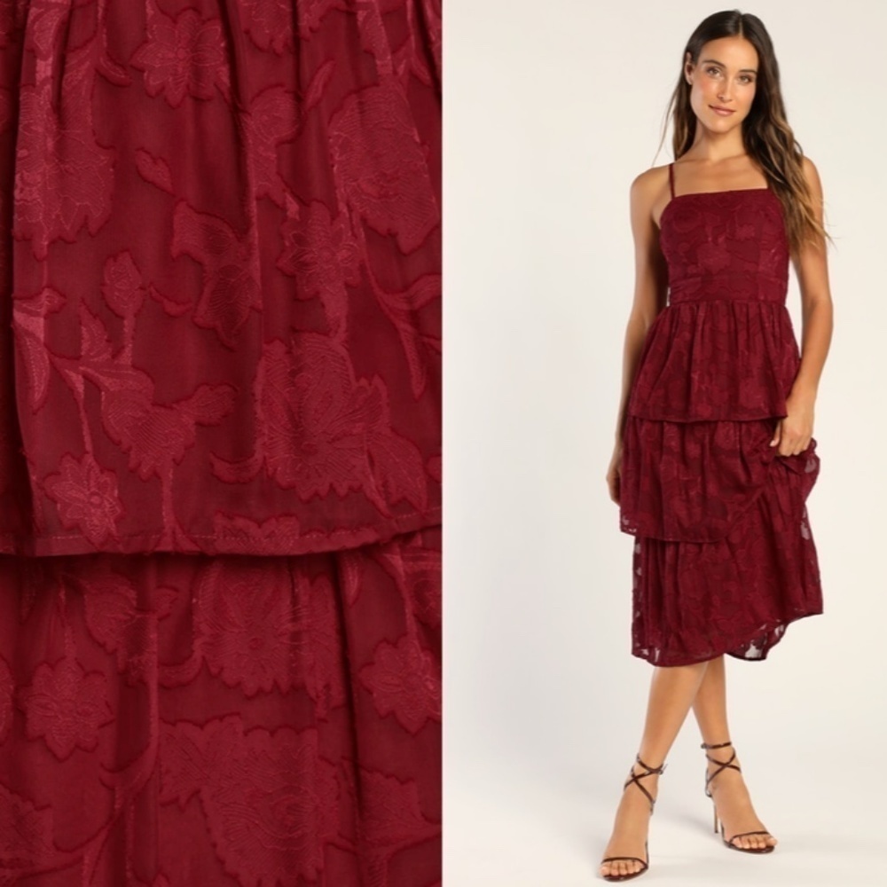 LULUS Prom Wedding Flowy Sexy FLoral Boho Tiered Ruffles Bustier Midi Dress - Picture 3 of 4